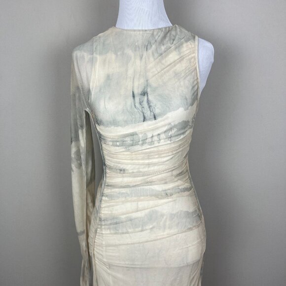 Zara Maxi Dress Womens XS Cream Gray Ruched One Shoulder Long‎ Sleeve Mesh Y2K - Picture 4 of 15